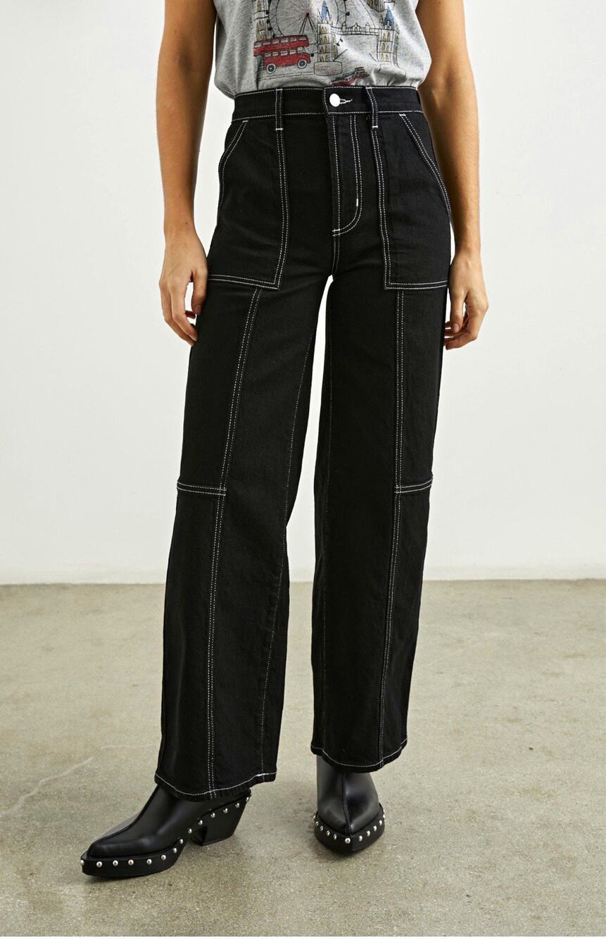 Rails Getty Crop Utility Jeans Womens 25 Orca Black High Rise Wide Leg Stitching